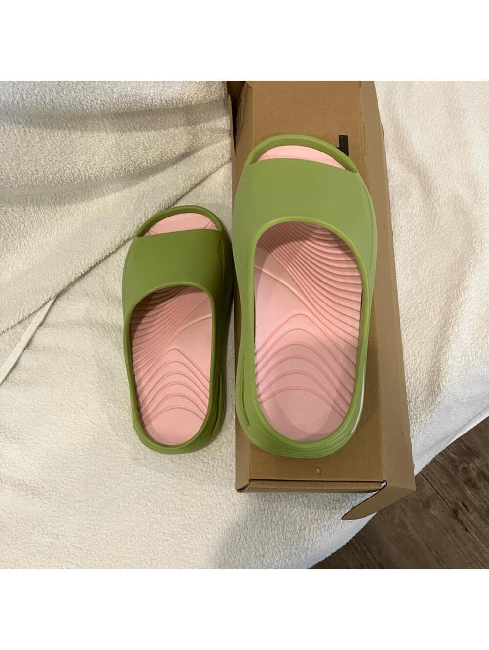 Women’s Olive Green and Pink Slide Sandals